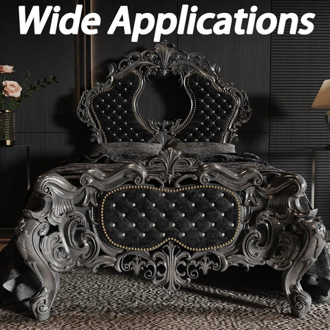Top Shelf Antique Brass Daisy Upholstery Tacks 7/16 Inch 120 Pack Heavy Duty Vintage Furniture Hardware used on ornate black upholstered bed.