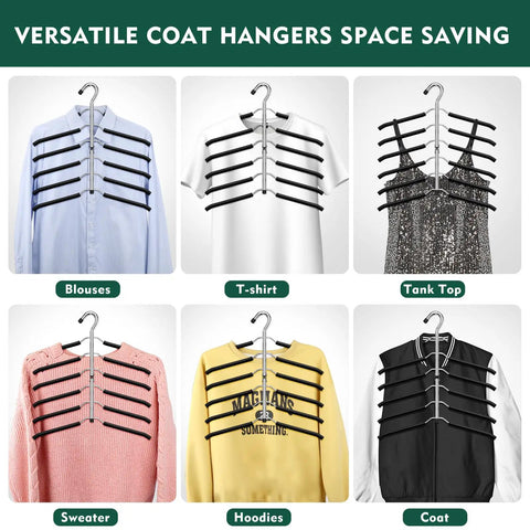 Multi Level Space Saving Closet Hangers With Plush Non Slip Foam Coating and Heavy Duty Black Steel Arms holding blouses, t-shirts, tank tops, and sweaters.