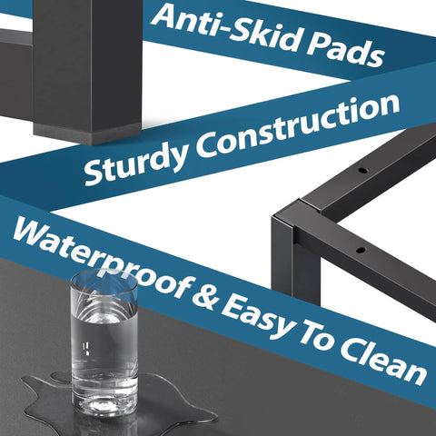 Space Saving 40 Inch Home Office Desk For Computer Setup Black Durable Powder Coated Steel Frame Close-up of features including anti-skid pads, sturdy construction, and waterproof top with a spill.