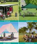 4 Pack Beefy 210 Pound Sandbags with zippers and straps securing RV awning, gazebo, beach canopy, and camping canopy