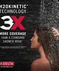 Woman enjoying 3X coverage from 3-Setting Chrome Rain Shower Head With H2Okinetic Spray, 7.5 Inch Square Shower Head, 1.75 GPM Flow Rate, Lumicoat Chrome Finish, Delivers 3X Coverage With Customizable Intensity For A Go-To Spa Like Rain Shower.