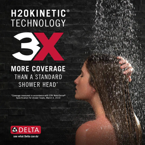 Woman enjoying 3X coverage from 3-Setting Chrome Rain Shower Head With H2Okinetic Spray, 7.5 Inch Square Shower Head, 1.75 GPM Flow Rate, Lumicoat Chrome Finish, Delivers 3X Coverage With Customizable Intensity For A Go-To Spa Like Rain Shower.