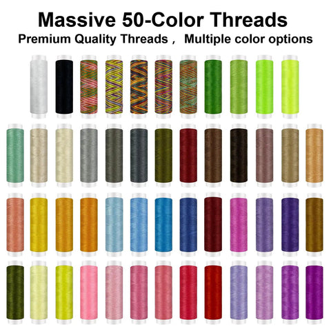 All-In-One Sewing Kit For Adults And Beginners, 295-Piece Pro-Grade Portable Mending Set, 50 color thread spools displayed