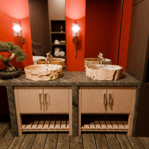 Next Level Petrified Fossil Wood Vessel Sink featuring irregular natural stone silhouette and polished interior for above counter vanity set.