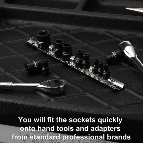 Eleven Piece Female Torx Socket Set With E Torx And Star Sockets Pro Grade Heavy Duty on storage rail with ratchet handle