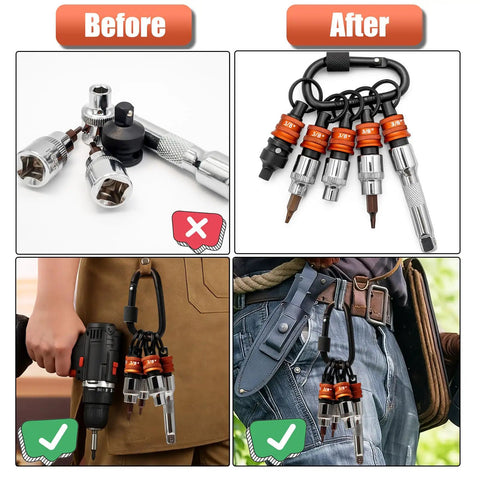 Comparison of socket holder key chain before and after use with Five Piece Socket Holder Key Chain With Quick Release Carabiner For Three Eighth Inch Drive Sockets Built Tough Aluminum And Steel Organizer For Mechanics Linemen Construction Pros And Carpenters