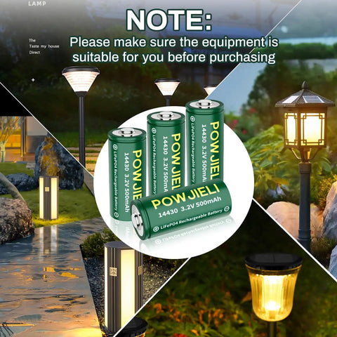 LiFePO4 14430 Rechargeable Battery 3.2V 500mAh Four Pack For Solar Garden Lights Toothbrush Shaver Flashlight And Other Low Drain Gadgets Not An AA Replacement Great For Longer Lasting Power displayed with solar lights
