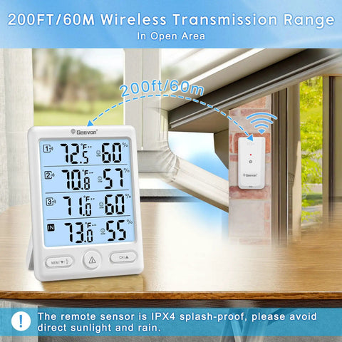 Wireless Remote Outdoor Sensor for Weather Stations, Outdoor Temperature and Humidity Monitor, 200 Ft Transmission, Replacement Sensor for Indoor Outdoor Thermometers, Requires 2 AAA Batteries, Compatible With Popular Weather Station Models, shown installed near window with digital display.