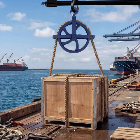 Heavy Duty Two Pack Scaffold Hoist Pulleys With Smooth Glide 12 Inch Solid Cast Iron Gin Wheels Rated 1000 Lbs lifting a wooden crate at a dock.