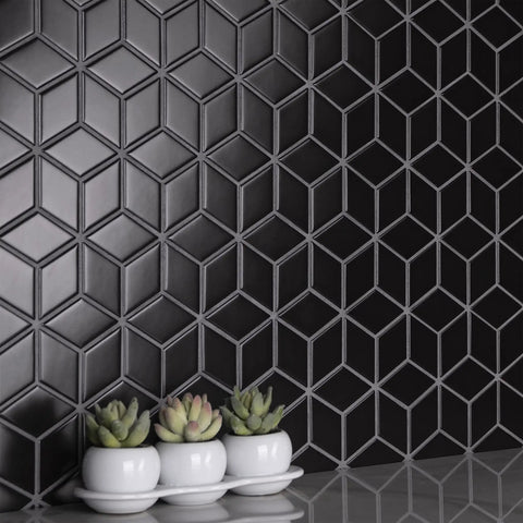 Matte Black Porcelain Rhombus Tile For Floors And Walls, Mesh-Mounted Mosaic, 10.5 In By 12.13 In, with potted succulents