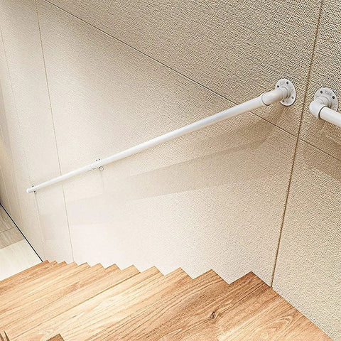 Heavy Duty White Metal Railing Kit 20Ft Deck Guardrail Stair Bracket in white, mounted on wall next to wooden stairs.