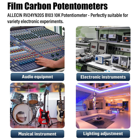Collage showing film carbon potentiometers used in audio equipment, electronic instruments, musical instruments, and lighting adjustment.