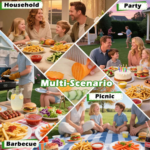 Suuker Large Crinkle Cutter kitchen tool collage with family meals, barbecue, and picnic scenes