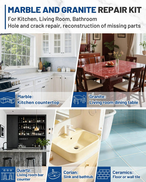 Tile, Marble And Granite Repair Kit for kitchen, living room, bathroom surfaces including countertops and tiles.