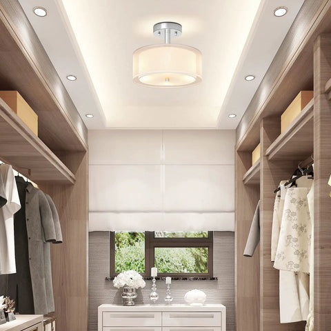Three Light Modern Semi Flush Mount Ceiling Light With Double Fabric Drum Shade 12 Inch Close To Ceiling Fixture in closet