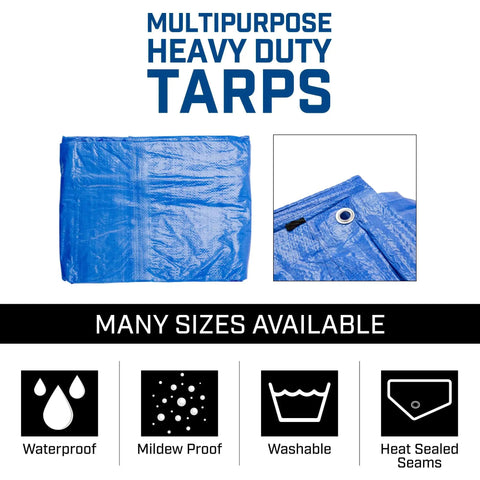 Heavy Duty 8x10 Poly Tarp Waterproof With Grommets Every 36 Inches 8x8 Weave 5 Mil Thick Multi Purpose Cover For Home Boats Cars Camping Protective Shelter Pack Of 4 Blue, showcasing blue tarp details and features.