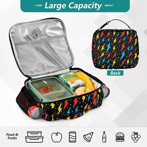 Colorful Lightning Bolt Insulated Lunch Bag For Kids And Adults With Shoulder Straps, Portable Cooler For School Office Travel And On The Go Meal Prep, open with mesh interior and side pockets