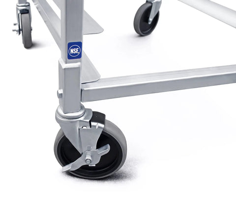 Close-up of locking brake wheel on No Sweat Commercial Aluminum Sheet Pan Rack, Heavy Duty 20 Tier Bun Pan Organizer.