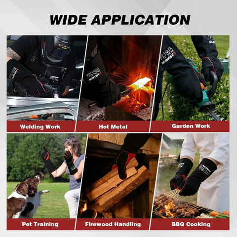 Collage showing Leather Forge Welding Gloves 16 Inch Heavy Duty Heat Resistant Up To 662 Degrees in various applications like welding and BBQ.
