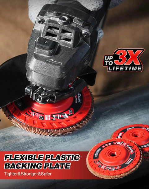 Heavy Duty Ceramic Flap Discs 40 Grit Type 27 4 1/2 X 7/8 Inch Arbor 5 Pack attached to a handheld grinder for metalwork.