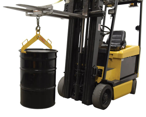 Rock Solid Vertical Drum Clamp Built For Heavy Hauling And Quick Gripping Up To 1000 Lbs steel barrel lifted by a forklift.