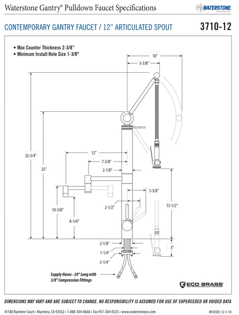 Heavy Duty Contemporary Gantry Kitchen Faucet With Dope Articulated Reach And Sleek Satin Nickel Finish specs diagram with dimensions.