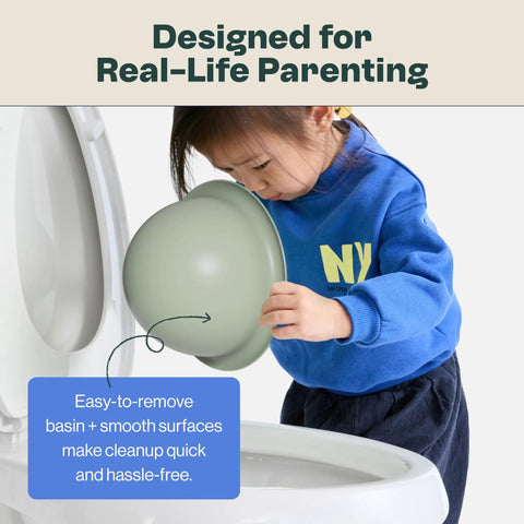 Child holding a removable basin from the Super Durable Three In One Toddler Floor Potty With Secure Step Stool And Leak Resistant Trainer Seat.