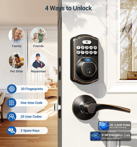 Fast Unlocking Fingerprint Door Lock With Two Lever Handles, Keyless Entry, Electronic Keypad Deadbolt, Auto Lock, Bronze