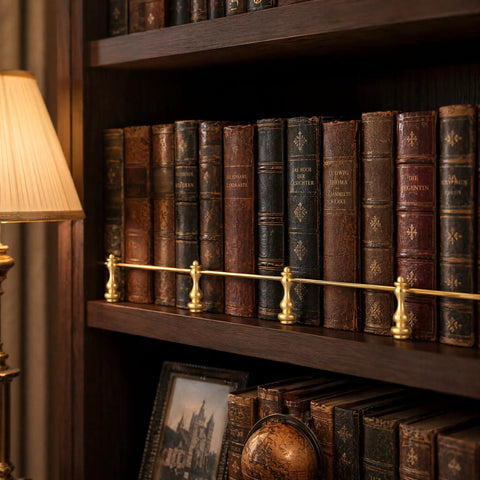 16 Piece Brass Railing Spindle Kit With Screws, Dead Easy Install Decorative Shelf Brackets in a cozy bookshelf setting.