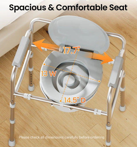 Solid As A Rock 3 In 1 Bedside Commode Toilet For Seniors featuring spacious 17.7in x 13in x 14.5in ergonomic seat design.