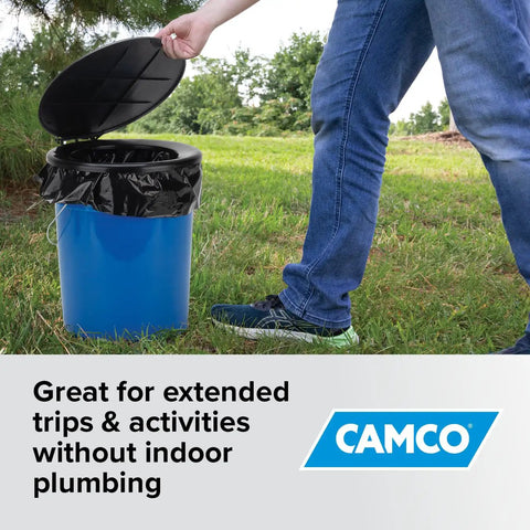 Rock Solid Five Gallon Portable Toilet Bucket With Snap On Seat And Lid Campout ready for outdoor use with clean wipe surface.