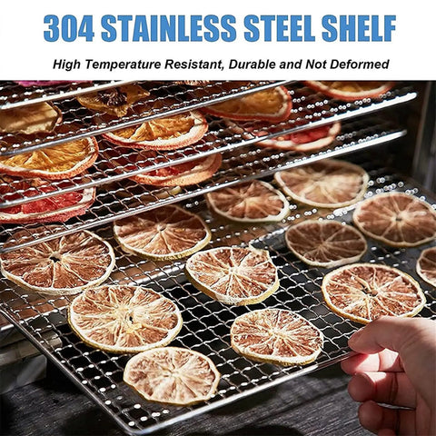 Straight Up Reliable Commercial Food Dehydrator With 12 Slick Trays For Making Jerky And Drying Fruits Vegetables And Nuts featuring a stainless steel shelf loaded with dried citrus slices.