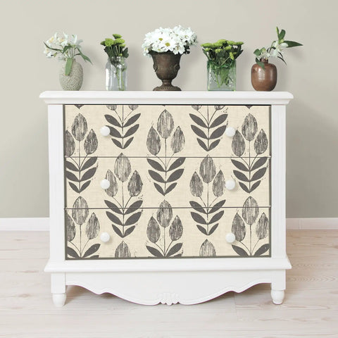 Folk Tulip Peel And Stick Wallpaper Neutral Textured Removable for DIY Room Makeover on dresser