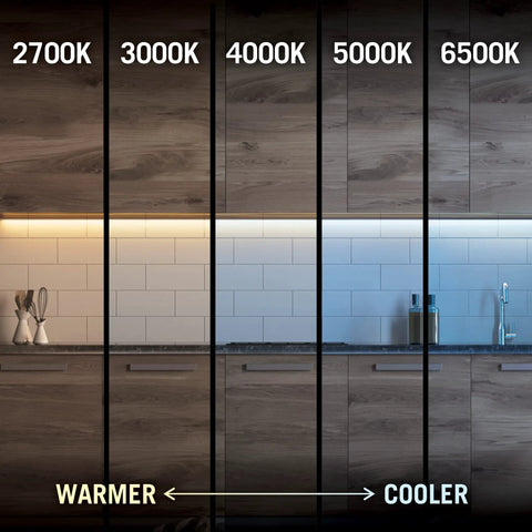 Color temperature comparison for Dimmable 12V Warm White LED Strip Lights, 60 LEDs Per Meter, 32.8 Ft, UL Listed, under cabinet lighting.