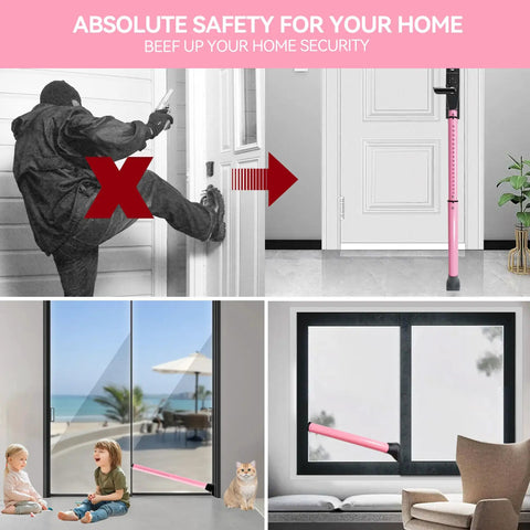 Badass Door Security Bar with Adjustable Lock for Travel and Home Safety shown in use under a door and window for safety.