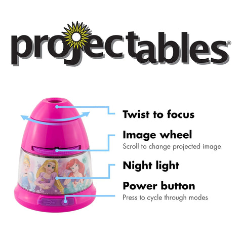 Princess Night Light Projector With Eight Princess Images, USB Plug In LED Nightlight for Kids showing image wheel and power button.