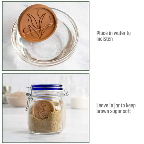 Terracotta Brown Sugar Saver Disc in water bowl and jar, elegant leaf design, reusable food-safe softener, 2 pack, kitchen use