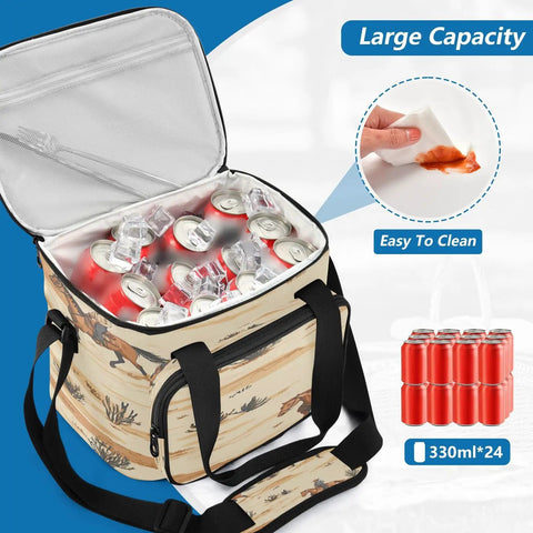 Desert Ride Insulated Lunch Bag For Outdoor Adventures, Leakproof Cooler Tote with cans inside, open view showing large capacity