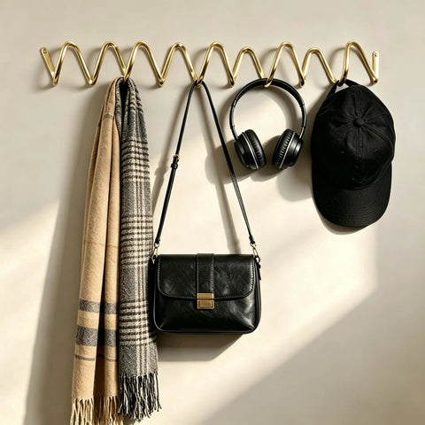 Heavy Duty Gold Wall Mounted Coat Rack With Sculpted Wavy Hooks hanging a black bag, scarf, headphones, and cap.