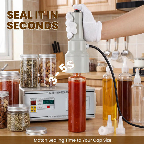 Handheld Induction Sealer For Flat And Spout Caps 10 To 50 mm in action sealing a bottle in a kitchen with various containers.