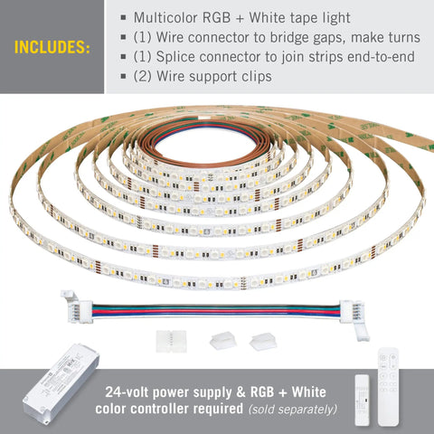 RibbonFlex Pro LED Tape Light Kit with multi color and white LEDs, showing tape coils, connectors, and power supply components.