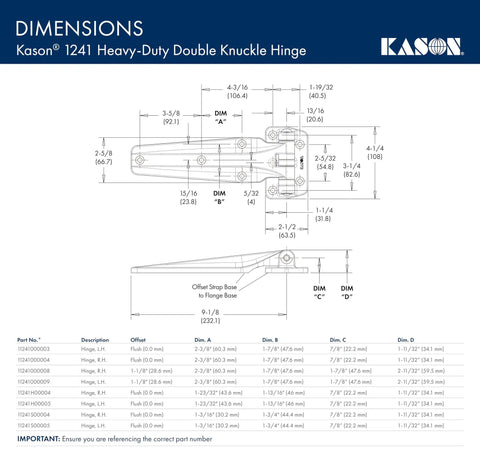 Technical drawing of Kason 1241 Heavy Duty Double Knuckle Truck Body Hinge With Ribbed Support Base Non Rising Right Hand Fit dimensions.