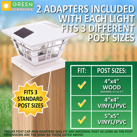 Cape Cod Solar Post Cap Lights for 4x4 Wood and 5x5 PVC Posts, outdoor use, showing compatible post sizes with adapters included