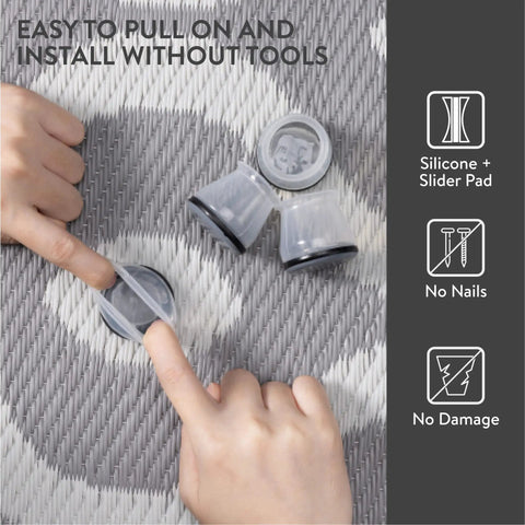 Effortless Carpet Gliding Chair Leg Sliders 8 Pack Clear Silicone With PTFE Bottom shown with hands installing on carpet
