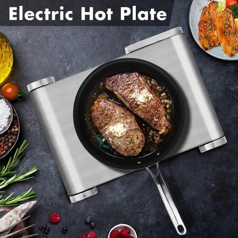 Top view of 1500W Electric Hot Plate Single Burner With Quick Heat Up, Adjustable Temperature Control, Stainless Steel Portable Stove For Home Kitchen with steak cooking in a pan