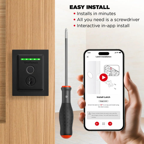 Make Your Entry Slick With This Fingerprint Deadbolt Featuring Built In Wifi Smart Notifications Proximity Auto Unlock Iron Black Finish And Keyless Entry For Zero Hassle Security, showcasing installation with a screwdriver and an interactive app guide.