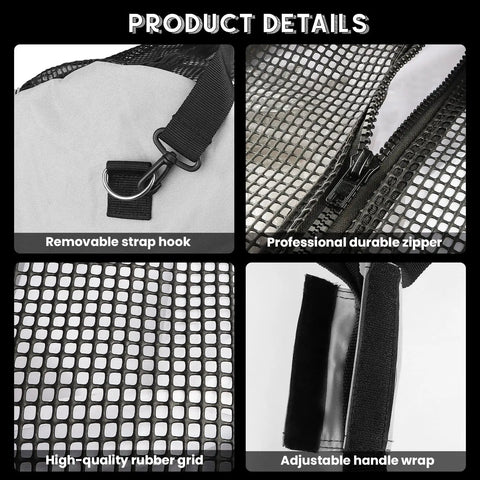 Close-up details of 100L Mesh Dive Duffel Bag showing strap hook, durable zipper, rubber grid, and handle wrap.