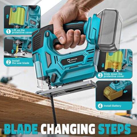 Cerycose cordless jigsaw with blue body, laser guide and LED light