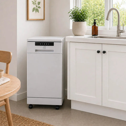 18-Inch Energy Star Portable Dishwasher In White in a modern kitchen corner with houseplants and a stylish design.