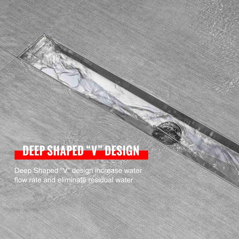 32 Inch Linear Shower Drain With Tile Insert And Flat Cover Brushed 304 Stainless Steel 2 Inch Outlet Leveling Feet And Hair Strainer No Fuss Install For Modern Shower Floor showing deep V design.